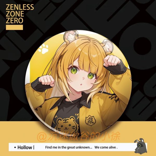 Round tinplate pin badges featuring yellow-haired Ju Fufu from Zenless Zone Zero in cute tiger-themed fanart poses.