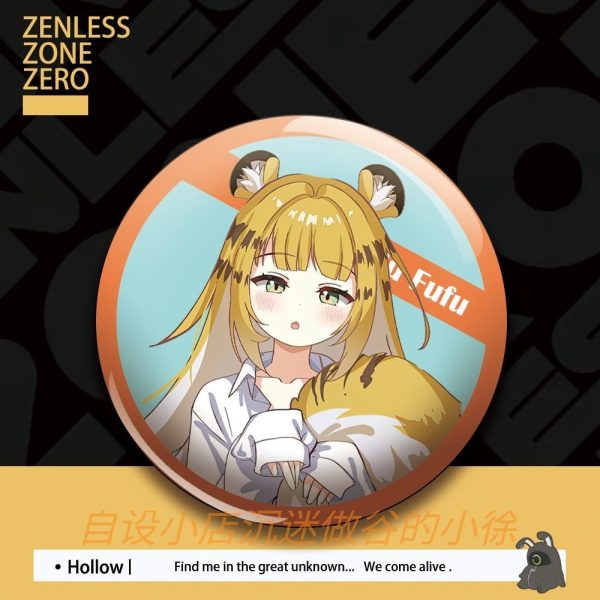 Set of round tinplate anime pin badges featuring Zenless Zone Zero characters Qingyi, Lucy, Piper, Corin, and Ju Fufu in custom fanart styles.