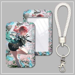 Thick plastic hard shell card sleeve featuring Tsukishiro Yanagi from Zenless Zone Zero paired with a white braided lanyard keychain.
