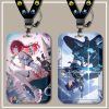 Zenless Zone Zero hard plastic card sleeve featuring characters like Hoshimi Miyabi and Wise with an attached neck lanyard.