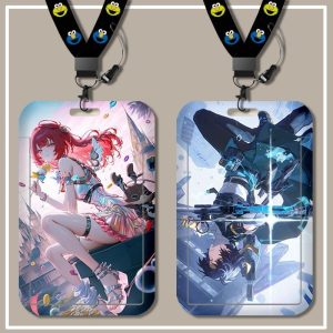 Zenless Zone Zero hard plastic card sleeve featuring characters like Hoshimi Miyabi and Wise with an attached neck lanyard.