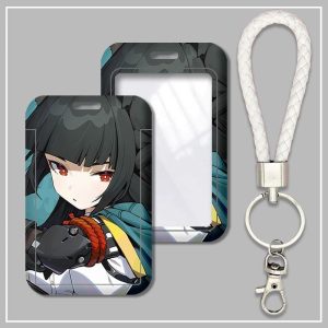 Hard plastic ID card sleeve featuring Zenless Zone Zero character Hoshimi Miyabi with a clear window and attached white braided wristlet lanyard keychain.