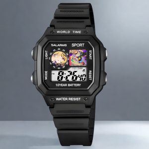Square digital sports watch in matte black and silver cases featuring custom Zenless Zone Zero anime character illustrations printed on the upper display windows.