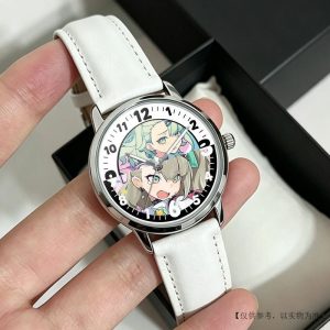 Round silver Zenless Zone Zero anime quartz wristwatch with white leather strap featuring colorful chibi anime character illustrations on the dial.
