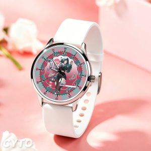 Silver round Zenless Zone Zero anime watch with a white silicone strap and colorful character dial display.
