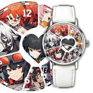 Silver round Zenless Zone Zero anime wristwatch with a white strap featuring a character collage dial with Ellen Joe, Nicole, Lycaon, Koleda, and Nekomata.