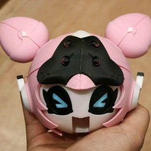 A 3D printed pink mascot model of Eri's signature W-Engine Spirit in the Shell from Zenless Zone Zero mounted on a mechanical display stand base.