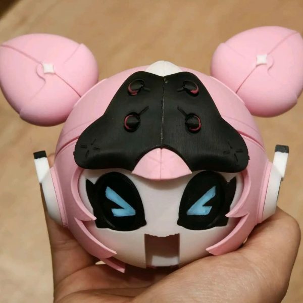 A 3D printed pink mascot model of Eri's signature W-Engine Spirit in the Shell from Zenless Zone Zero mounted on a mechanical display stand base.