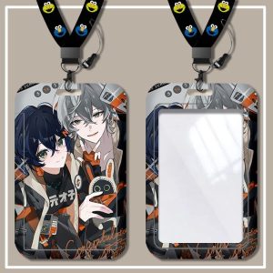 Zenless Zone Zero hard plastic card sleeve featuring characters like Hoshimi Miyabi and Wise with an attached neck lanyard.