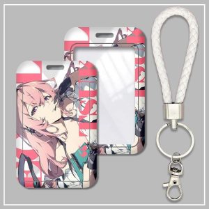 Hard shell sliding card holder featuring Zenless Zone Zero character Tsukishiro Yanagi paired with a white braided wrist strap keychain.