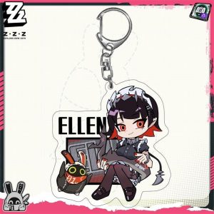 Chibi acrylic keychains featuring Zenless Zone Zero characters including Ellen Joe, Wise, Belle, and Koleda attached to silver metal keyrings.