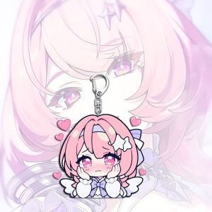 Clear acrylic keychain of Zenless Zone Zero character Lumiere in cute chibi style with various expressions attached to a silver metal clasp.