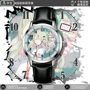 Round silver analog watch featuring Zenless Zone Zero character Chinatsu printed on the face, styled with black and white leather straps.