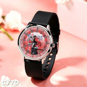 Round silver wristwatches featuring printed Zenless Zone Zero characters Anby, Billy, Ben Bigger, and Soldier 11 on the dials with black and white silicone straps.