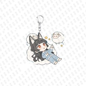 Cute chibi acrylic keychains featuring Zenless Zone Zero character Hoshimi Miyabi in various cozy themed poses with silver metal keyring clasps.