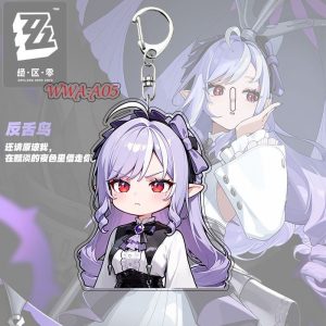 Cute chibi acrylic keychain of Zenless Zone Zero character Vivian with a silver key ring and lobster clasp attached.