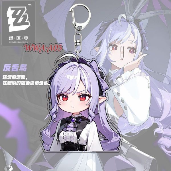 Cute chibi acrylic keychain of Zenless Zone Zero character Vivian with a silver key ring and lobster clasp attached.