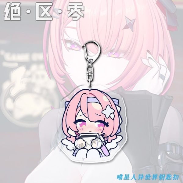 Zenless Zone Zero Remiel chibi acrylic keychains displaying funny gaming reaction expressions like crying, blushing, and cheering while holding a white game controller.