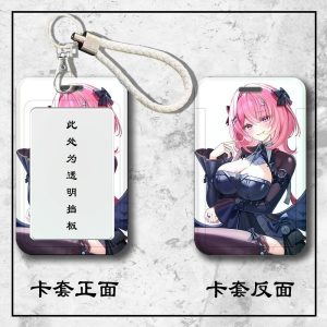 Front and back view of a Zenless Zone Zero Remiel sliding hard plastic ID card holder with a clear display window and attached braided wrist strap.