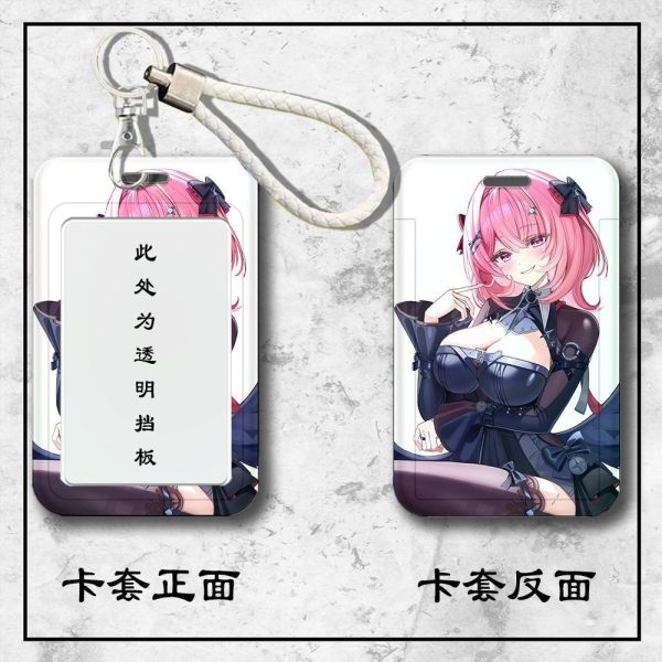 Front and back view of a Zenless Zone Zero Remiel sliding hard plastic ID card holder with a clear display window and attached braided wrist strap.