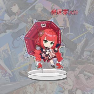 A collection of Zenless Zone Zero chibi anime acrylic standees featuring various characters standing on clear plastic bases.