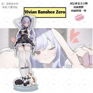 Double-sided acrylic stand figure featuring Zenless Zone Zero character Vivian Banshee in a maid outfit with black and calico cats on the base.