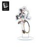Clear acrylic standee figures of Zenless Zone Zero characters including Harumasa with a bow, Yixuan, Miyabi with a katana, Dialyn, and Clara with a bird.