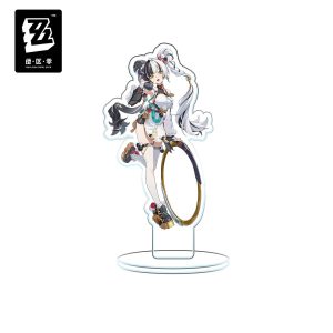 Clear acrylic standee figures of Zenless Zone Zero characters including Harumasa with a bow, Yixuan, Miyabi with a katana, Dialyn, and Clara with a bird.