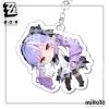 Acrylic keychain featuring Zenless Zone Zero character Vivian rendered in a cute pinched lifted-up chibi style attached to a silver keychain link.