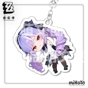 Acrylic keychain featuring Zenless Zone Zero character Vivian rendered in a cute pinched lifted-up chibi style attached to a silver keychain link.