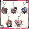Chibi acrylic keychains featuring Zenless Zone Zero characters including Ellen Joe, Wise, Belle, and Koleda attached to silver metal keyrings.