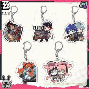 Chibi acrylic keychains featuring Zenless Zone Zero characters including Ellen Joe, Wise, Belle, and Koleda attached to silver metal keyrings.