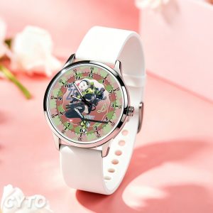 Round silver wristwatches featuring printed Zenless Zone Zero characters Anby, Billy, Ben Bigger, and Soldier 11 on the dials with black and white silicone straps.