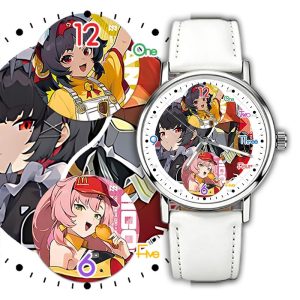 Silver round Zenless Zone Zero anime wristwatch with a white strap featuring a character collage dial with Ellen Joe, Nicole, Lycaon, Koleda, and Nekomata.