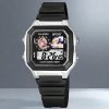 Square digital sports watch in matte black and silver cases featuring custom Zenless Zone Zero anime character illustrations printed on the upper display windows.