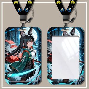 Zenless Zone Zero hard plastic card sleeve featuring characters like Hoshimi Miyabi and Wise with an attached neck lanyard.