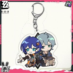 Chibi acrylic keychains featuring Zenless Zone Zero characters including Ellen Joe, Wise, Belle, and Koleda attached to silver metal keyrings.