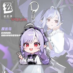 Cute chibi acrylic keychain of Zenless Zone Zero character Vivian with a silver key ring and lobster clasp attached.