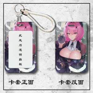 Front and back view of a Zenless Zone Zero Remiel sliding hard plastic ID card holder with a clear display window and attached braided wrist strap.