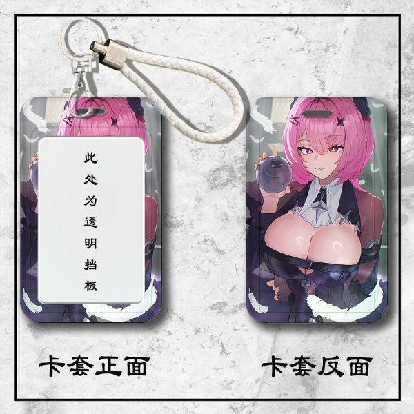 Front and back view of a Zenless Zone Zero Remiel sliding hard plastic ID card holder with a clear display window and attached braided wrist strap.