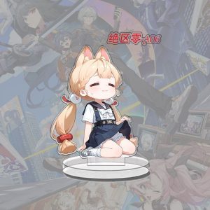 A collection of Zenless Zone Zero chibi anime acrylic standees featuring various characters standing on clear plastic bases.