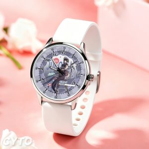 Silver round Zenless Zone Zero anime watch with a white silicone strap and colorful character dial display.