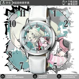 Round silver analog watch featuring Zenless Zone Zero character Chinatsu printed on the face, styled with black and white leather straps.