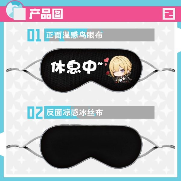 Dual-sided Zenless Zone Zero anime sleep eye mask showing chibi character art on the front fabric and a black cooling ice silk layer on the back.