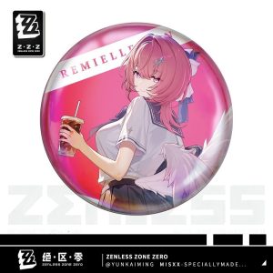 Round tinplate anime badges featuring Zenless Zone Zero character Remiel holding an iced drink in a white swimsuit and a sailor school uniform.