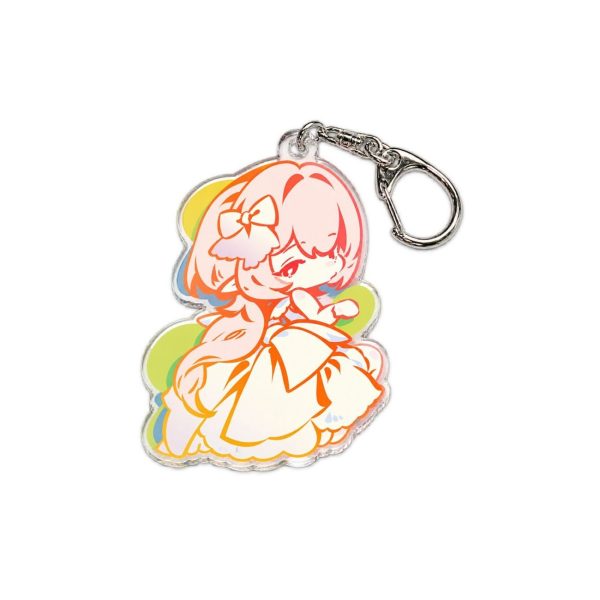 Cute Zenless Zone Zero acrylic keychain and fridge magnet featuring pastel chibi characters Remiel and Ye Shunguang with smooth transparent borders.