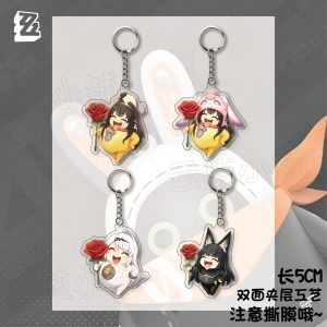 Funny fan-made Zenless Zone Zero acrylic keychains featuring chibi characters in goofy poses, shark sleeping bags, drill vehicles, and holding red roses with cheeky face expressions.