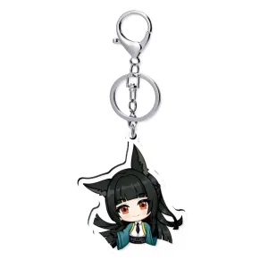 An acrylic chibi standee of Zenless Zone Zero character Hoshimi Miyabi with a sword alongside a portrait key chain charm and a round teal holographic badge with broad rainbow reflections.