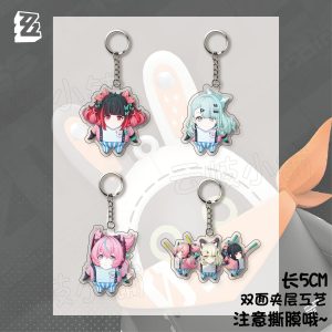 Funny fan-made Zenless Zone Zero acrylic keychains featuring chibi characters in goofy poses, shark sleeping bags, drill vehicles, and holding red roses with cheeky face expressions.
