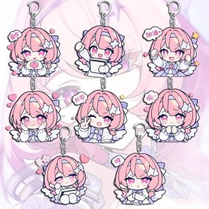 Clear acrylic keychain of Zenless Zone Zero character Lumiere in cute chibi style with various expressions attached to a silver metal clasp.